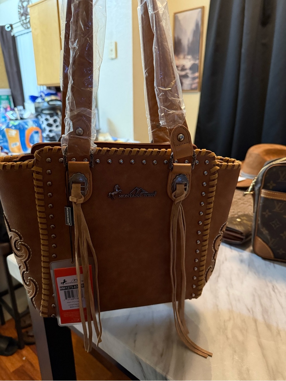 Brand new Montana West Tan Western Fringe Tote with Stud Accents